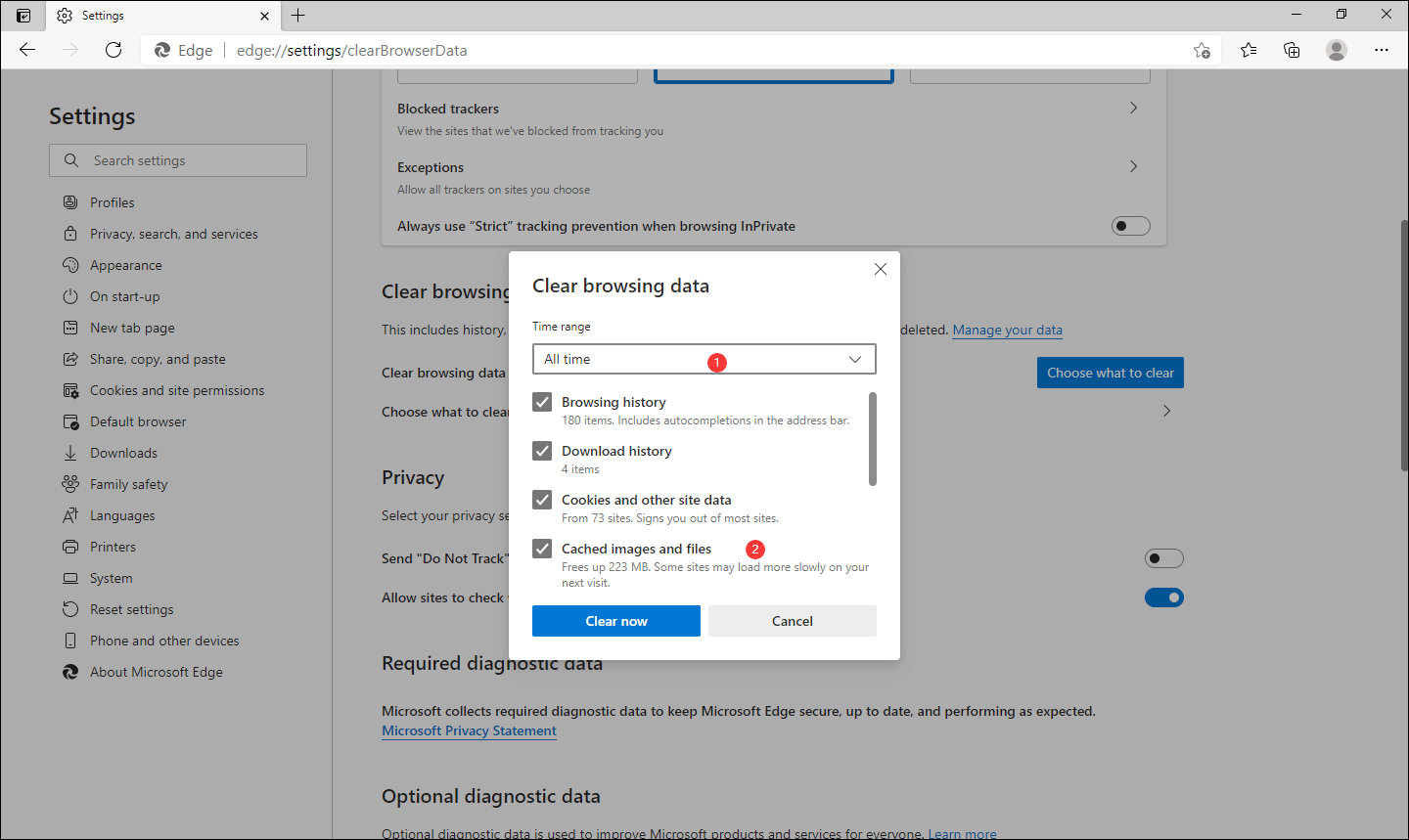 clear cache in Edge