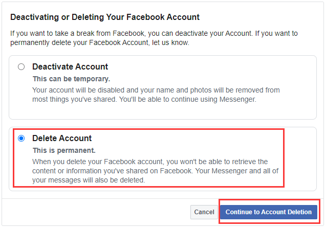 how to delete a Facebook account