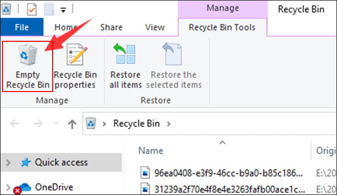 empty Recycle Bin in File Explorer