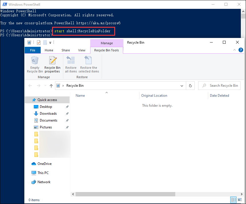 use Windows PowerShell to open Recycle Bin