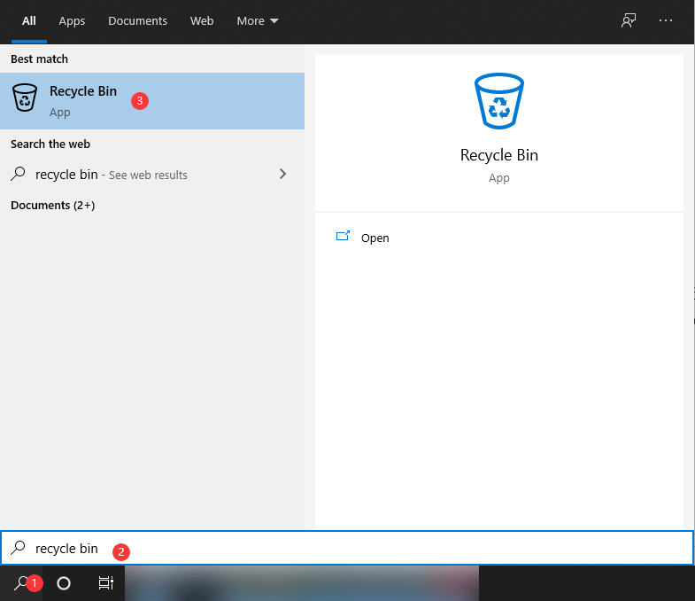 open recycle bin using Windows search