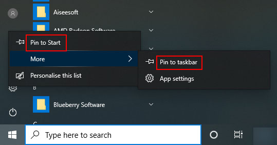 pin Settings to the taskbar or the Start menu