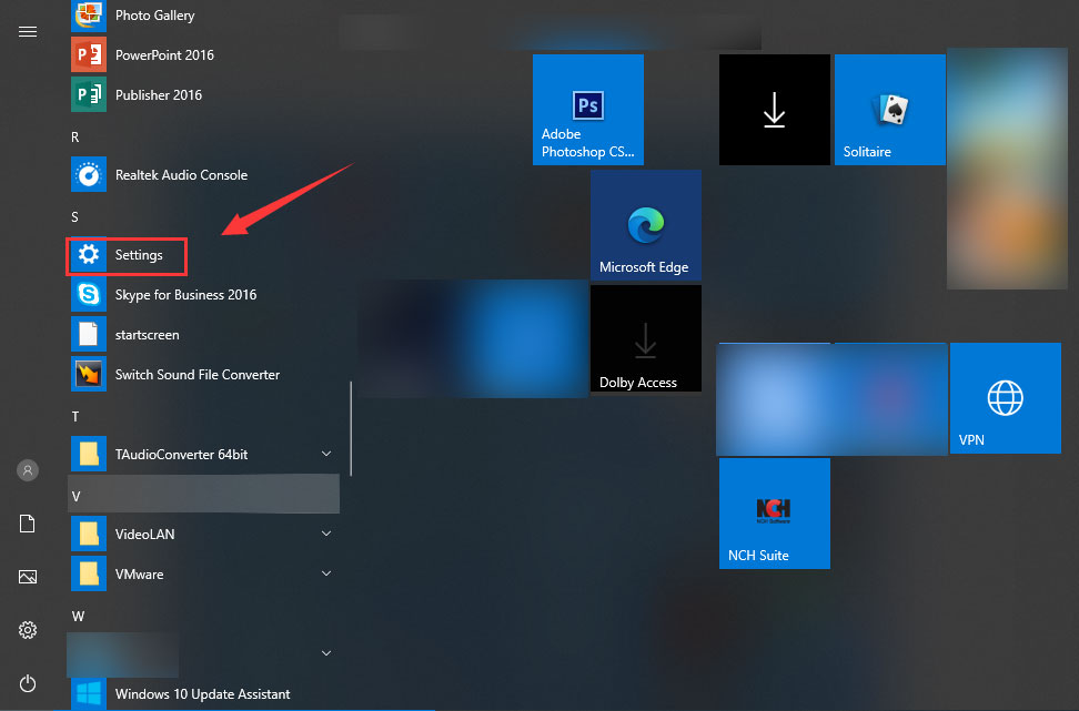 open Windows 10 Settings via Start menu