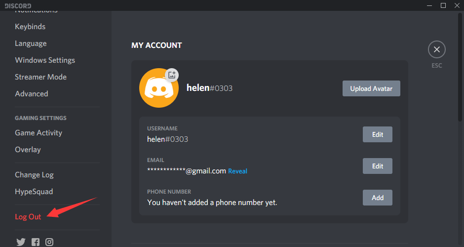 Click Log Out in Discord User Settings