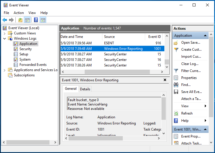 choose Outlook and Windows Error Reporting