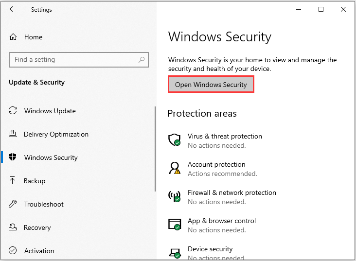 click Open Windows Security