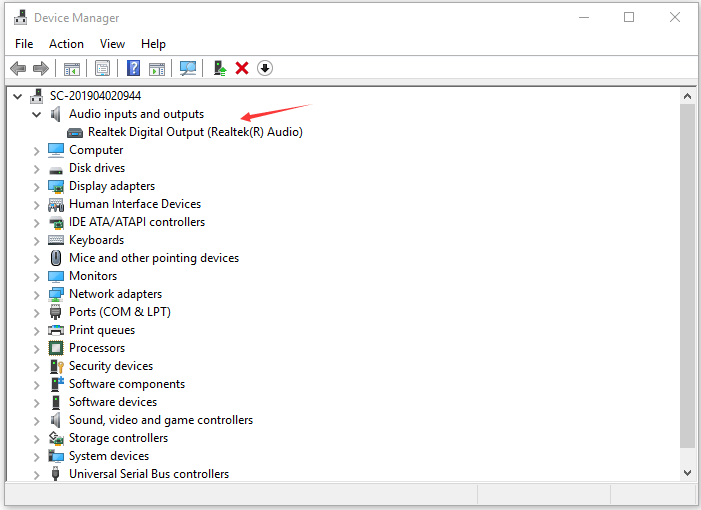 update or reinstall Realtek digital output driver