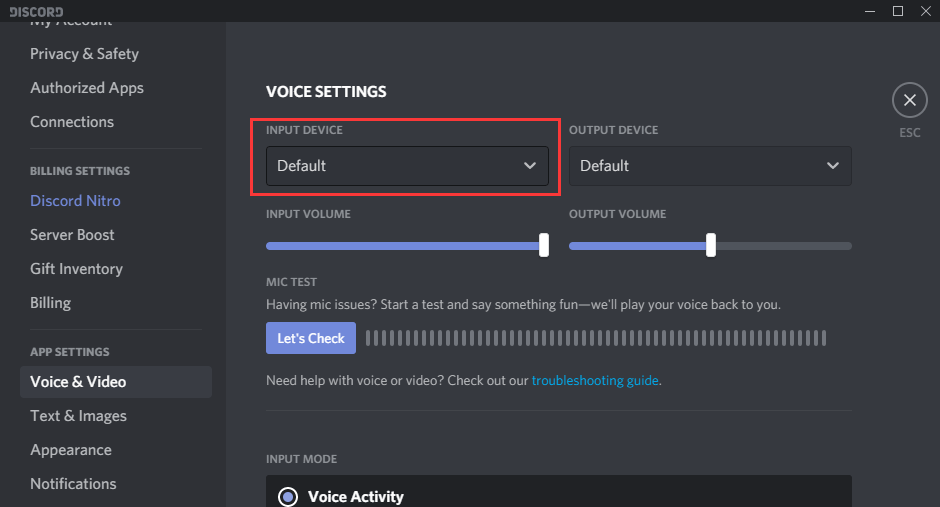 Discord Voice Input Device Settings