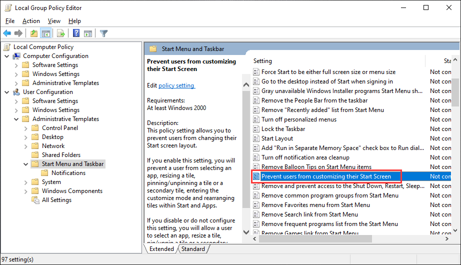 Prevent users from customizing their Start Screen