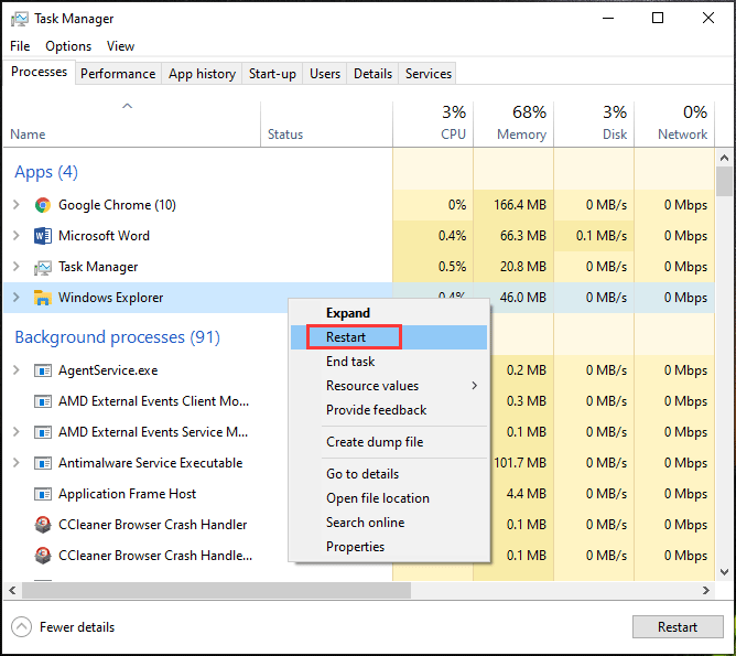restart Windows Explorer using Task Manager