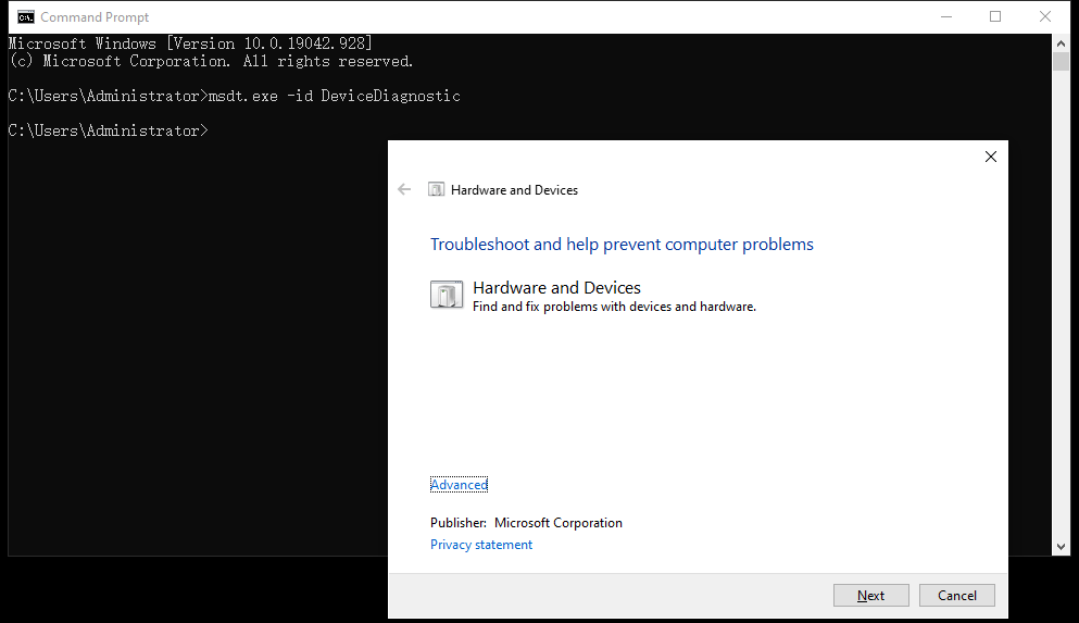 open Hardware and Devices troubleshooter