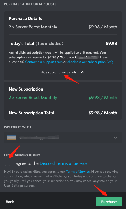 Discord Server Boost Purchase Details