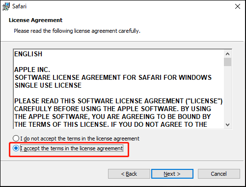 select I accept the terms in the license agreement
