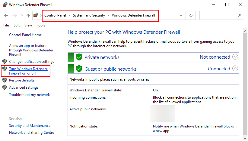 click turn Windows Defender Firewall on or off