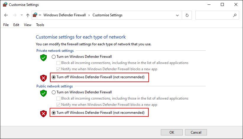 turn off Windows Defender Firewall