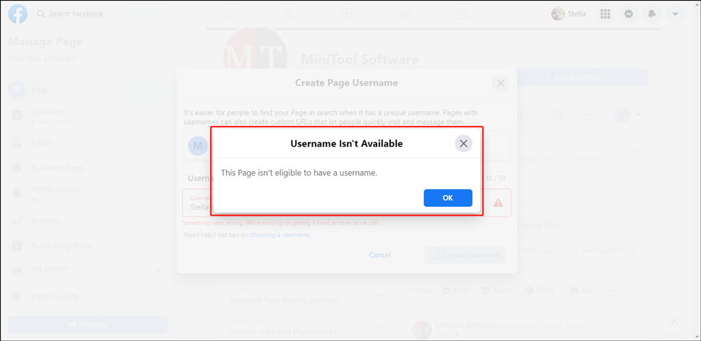 Facebook This Page isn’t eligible to have a username