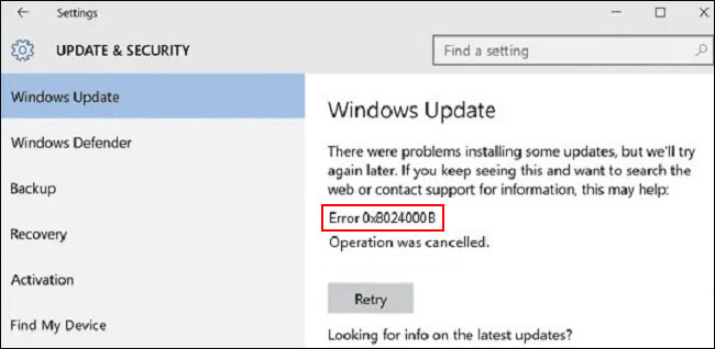 Windows update error 0x8024000B