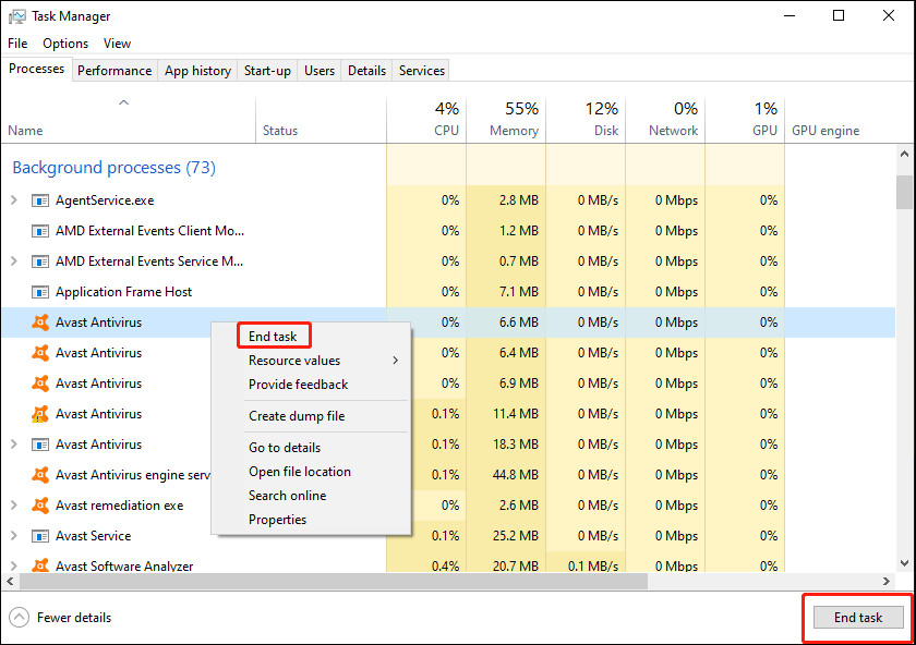 end Avast Antivirus in Task Manager