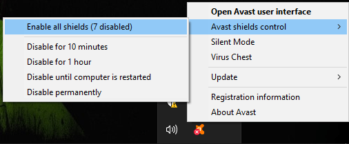 enable Avast all shields