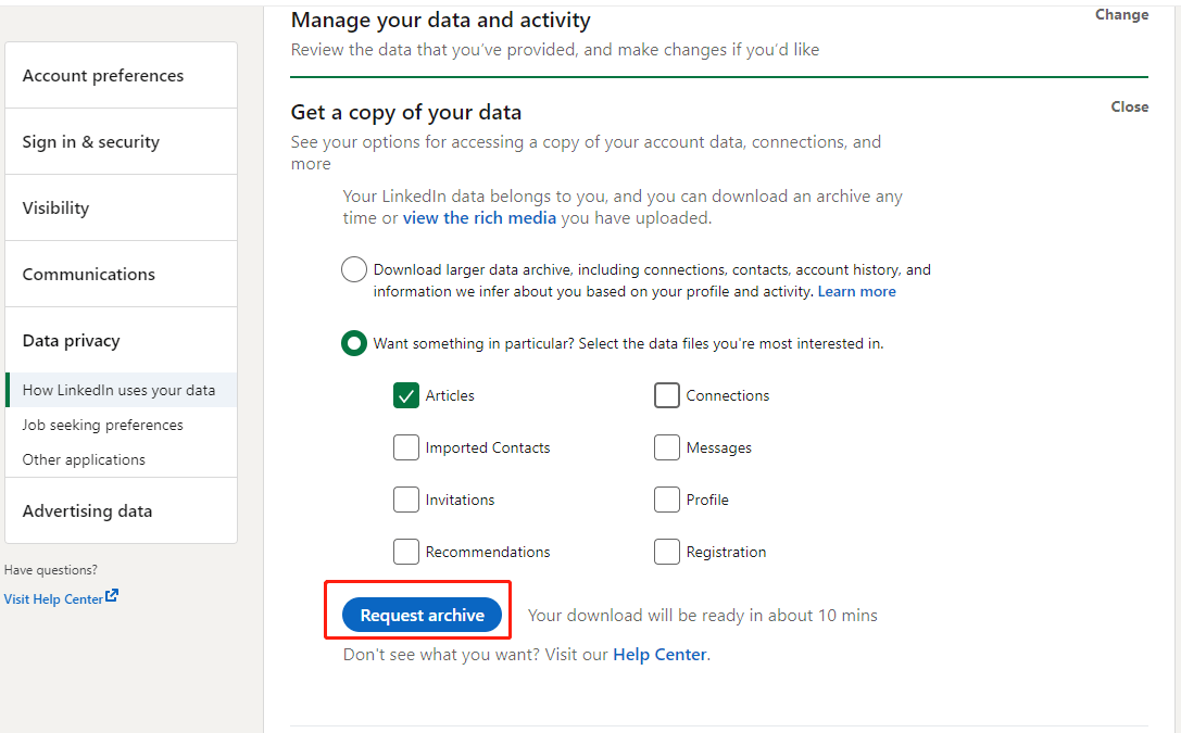 download LinkedIn data before deleting the account