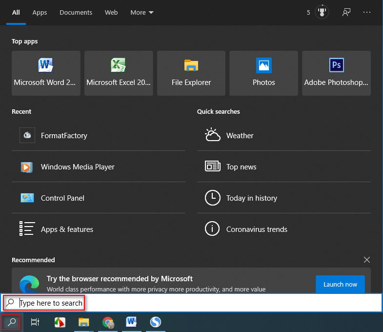 Windows 10 search bar from taskbar