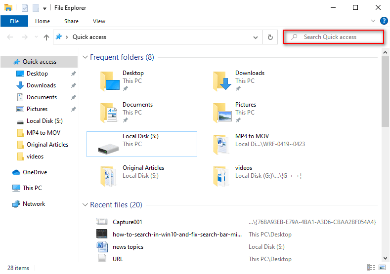 Windows 10 search bar in File Explorer