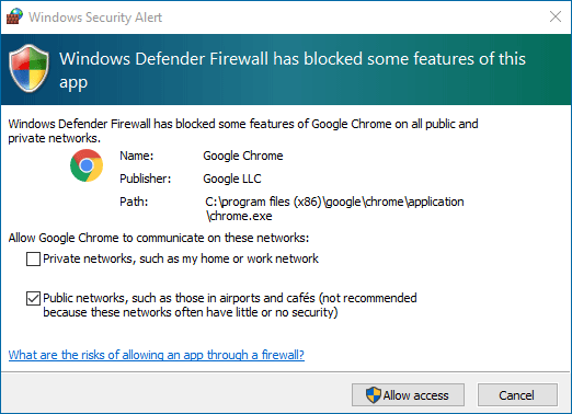 Windows Firewall blocks Chrome