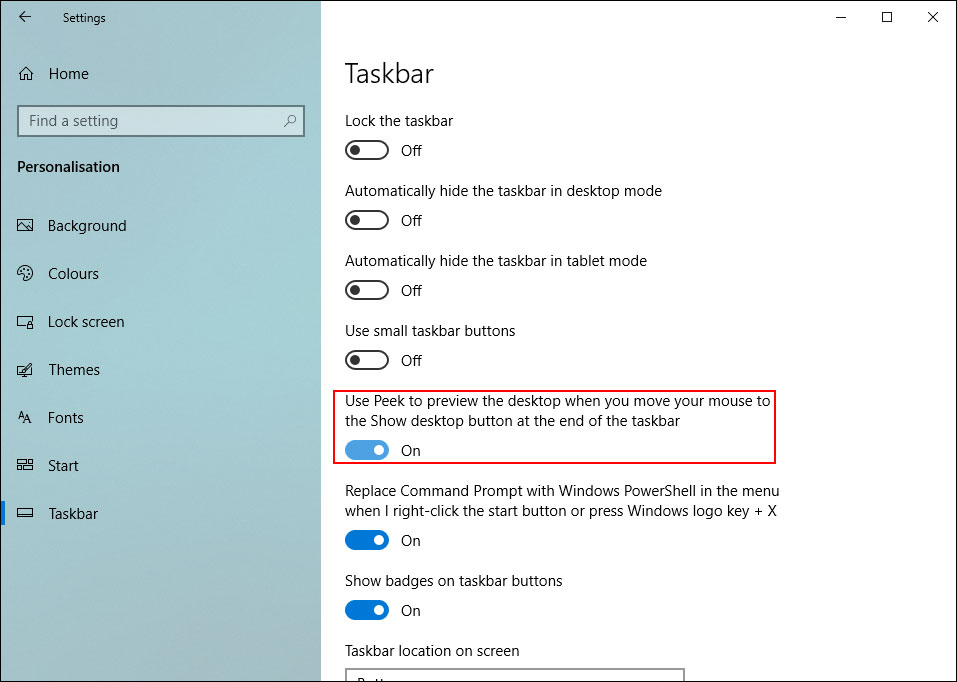 turn on Use Peek to preview the desktop