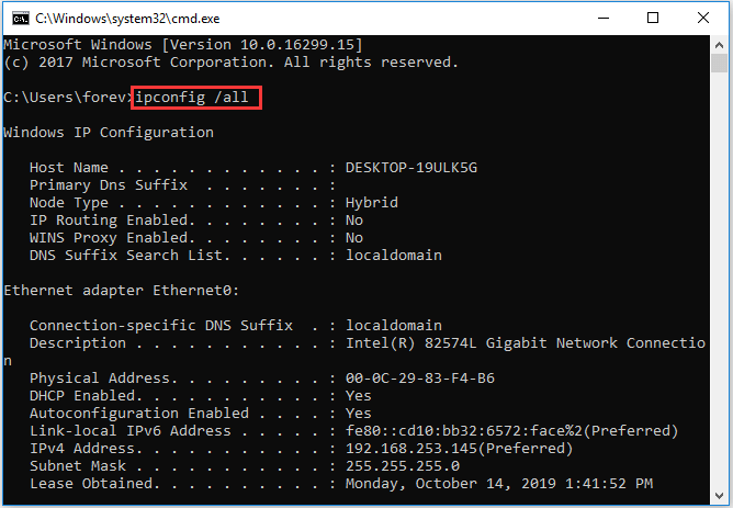 type the command ipconfig /all
