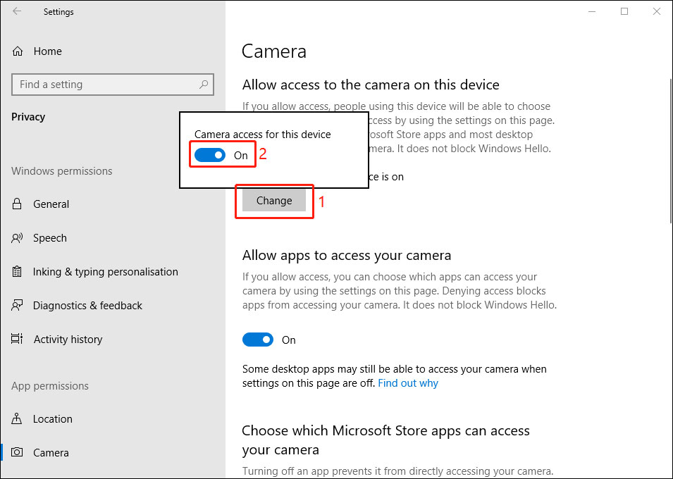 turn on allow access to the camera on this device