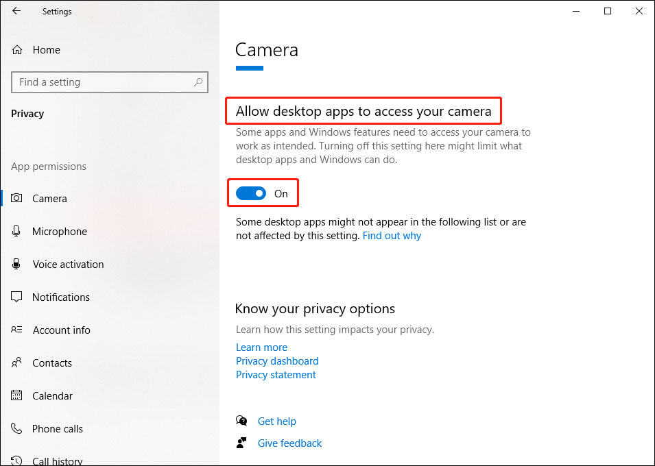 allow desktop apps to access your camera