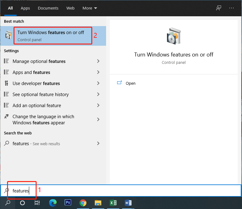 turn Windows features on or off