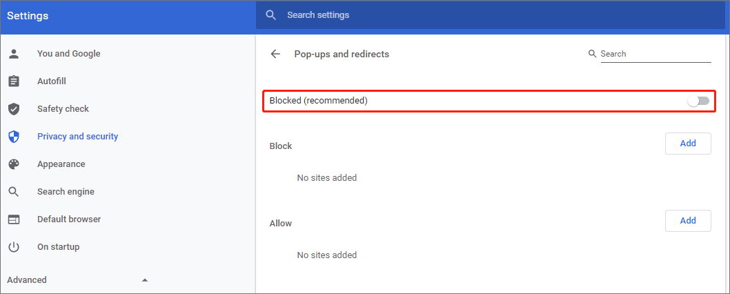 how to turn off pop up blocker on Chrome