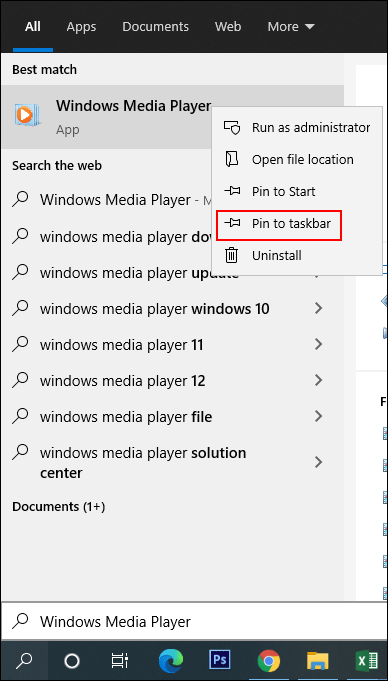 pin Windows Media Player to the taskbar