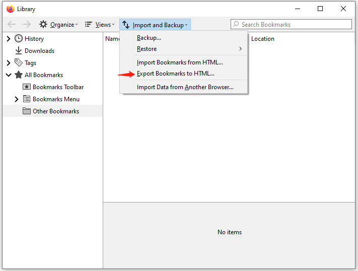 export and import Firefox bookmarks