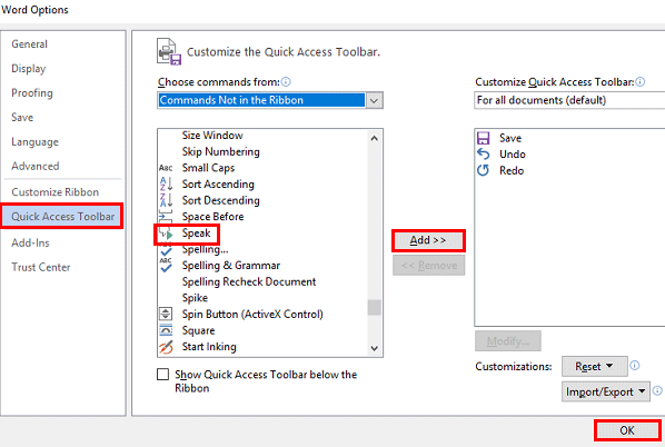 Add Speak to Quick Access Toolbar