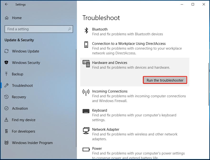 run hardware and devices troubleshooter