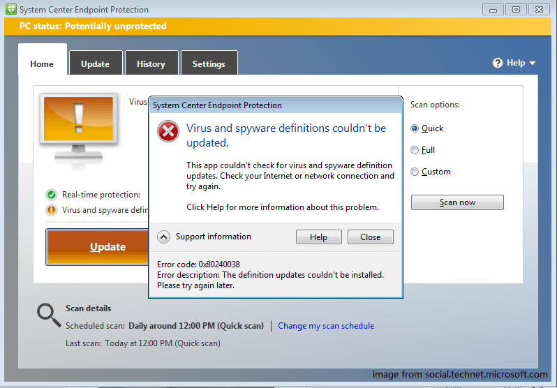 MS System Center Endpoint Protection update failed