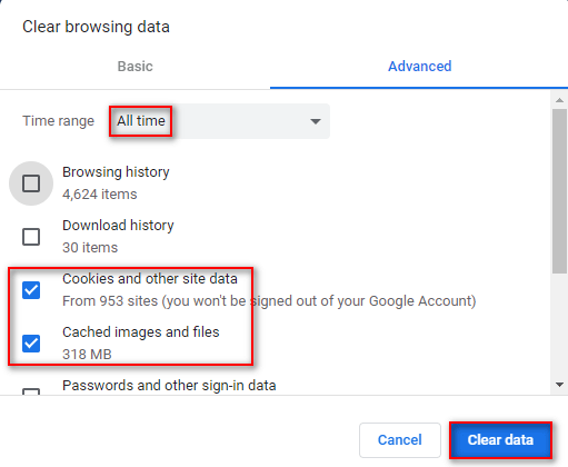 Clear cache and cookies