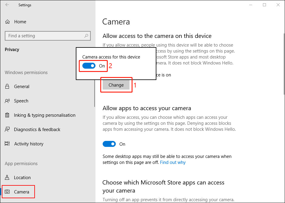 turn on camera access to this device