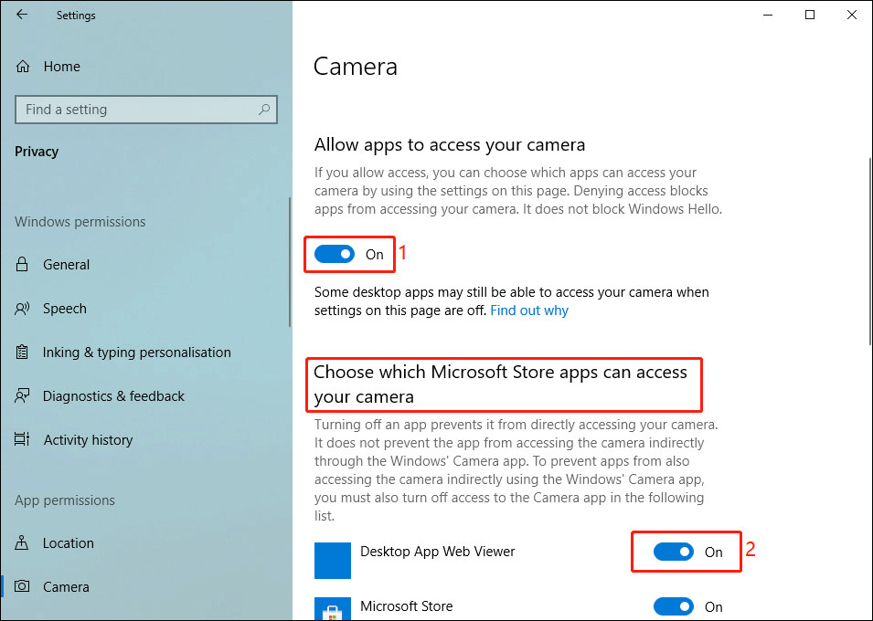 turn on the apps you want to access your camera