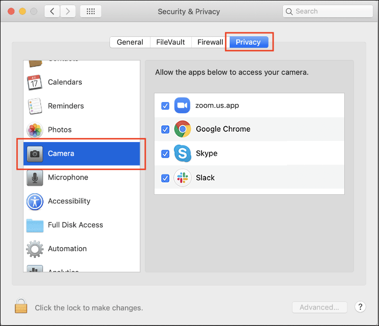 allow apps to access your camera on Mac