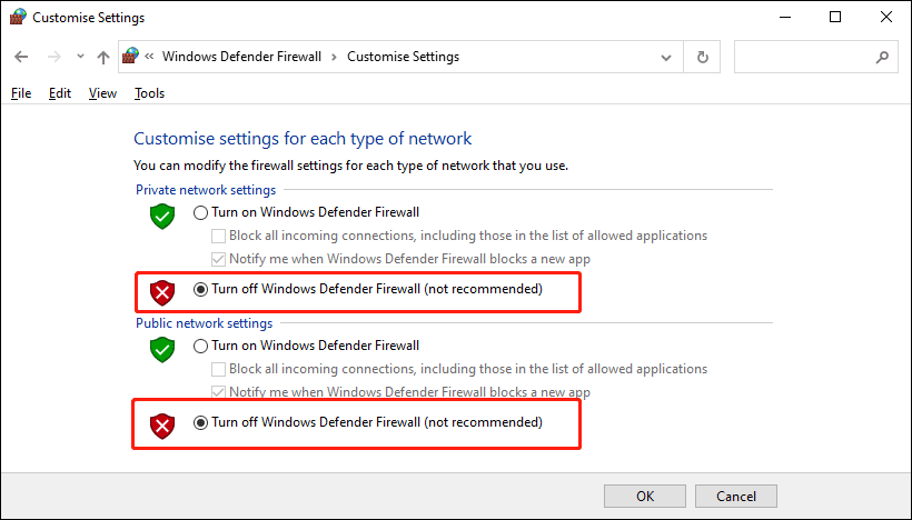turn off Windows Defender Firewall