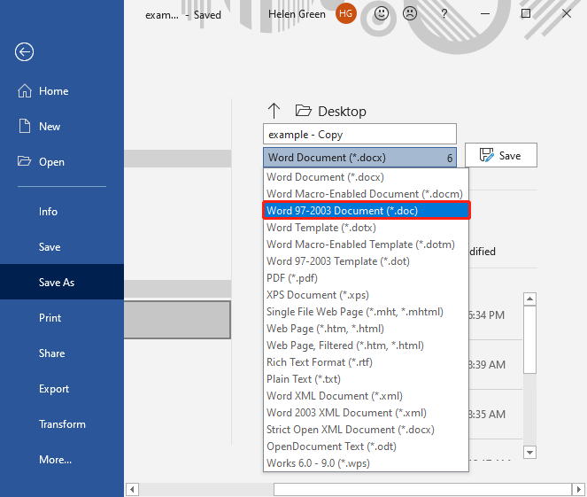 save Word file as .doc