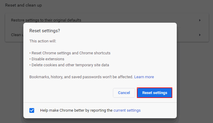 Reset settings