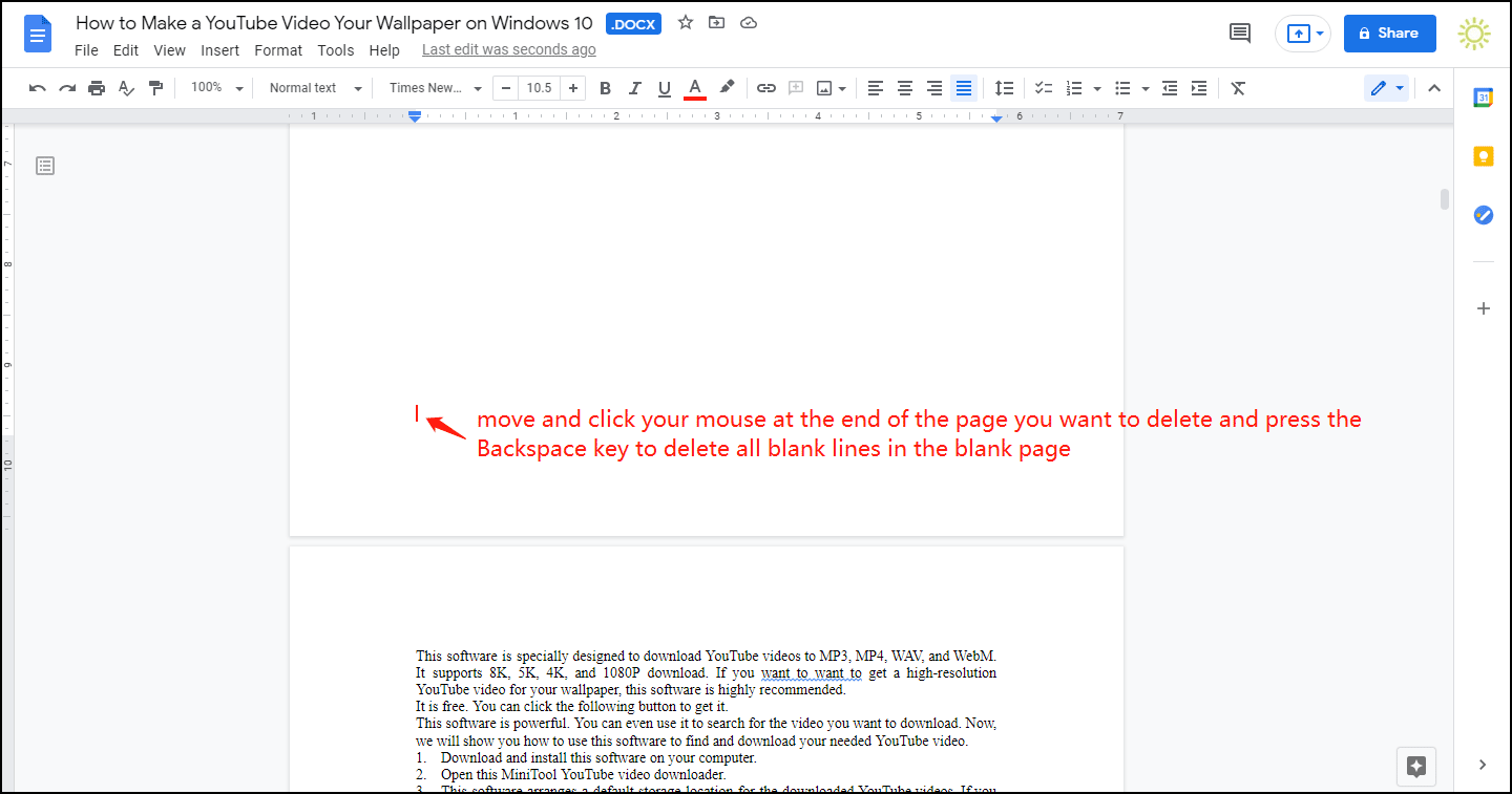 use Backspace to delete a page in Google Docs