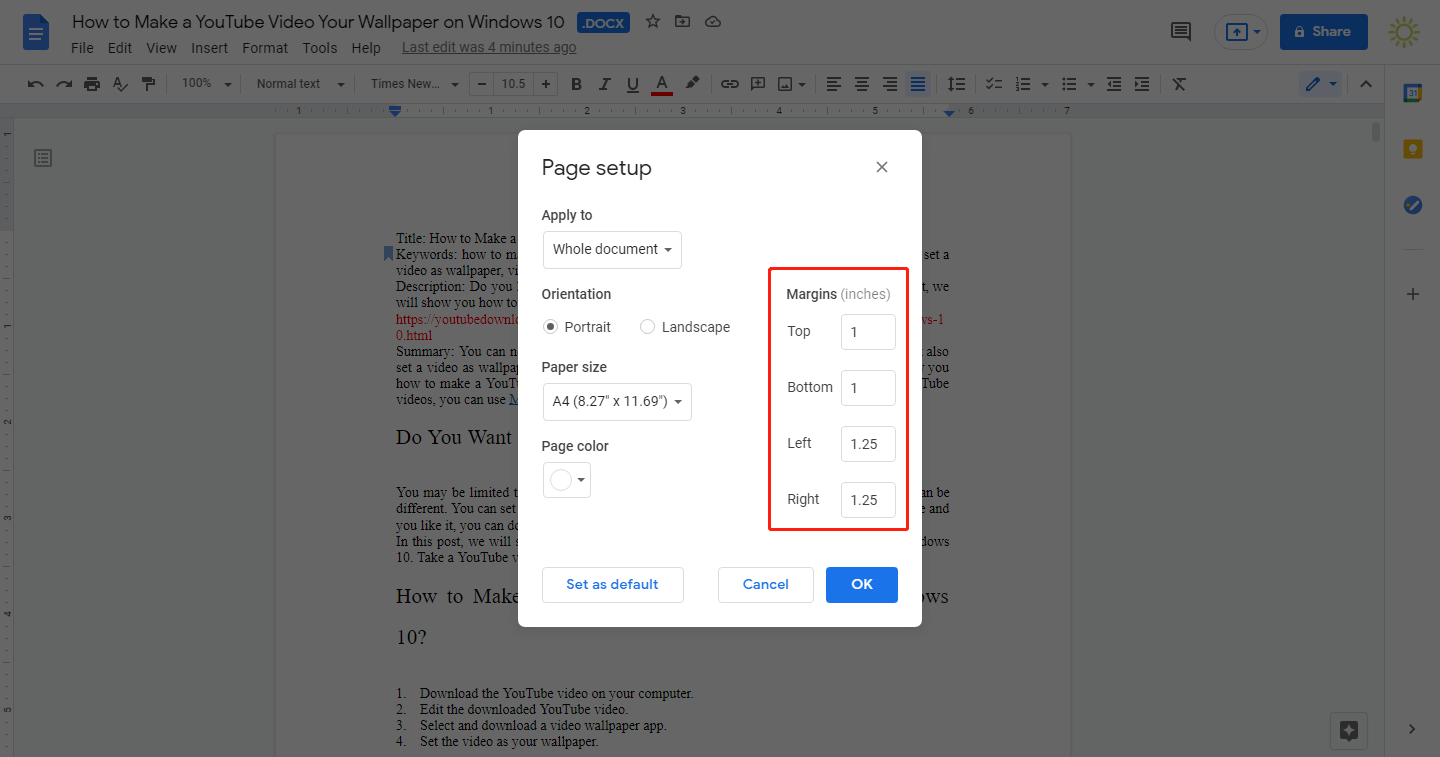 modify margins in Google Docs