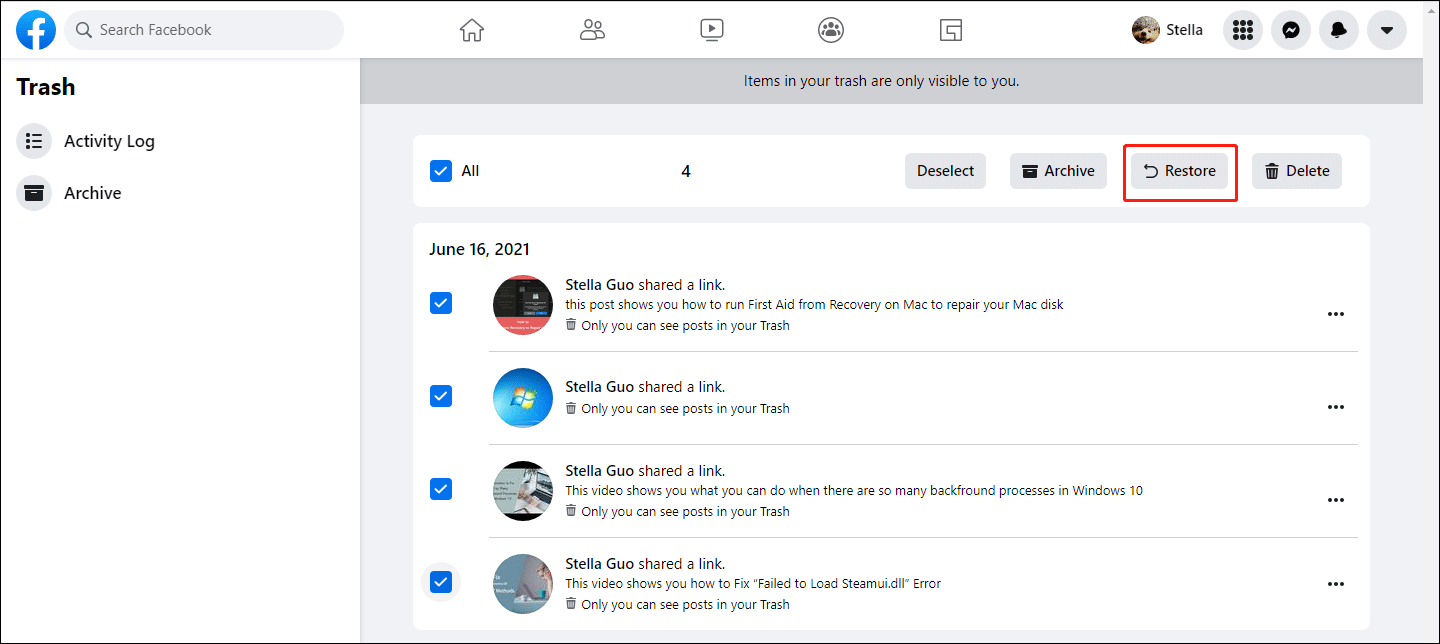 select your needed posts to restore