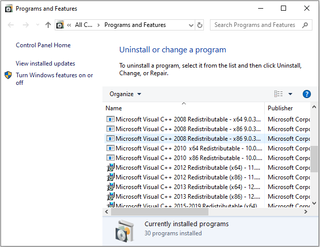 open the Programs and Features window