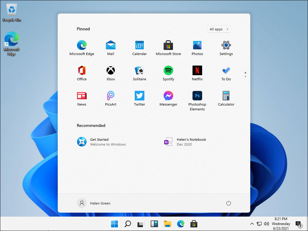 Windows 11 Start menu in the center
